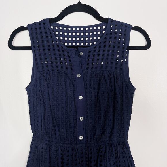 J Crew Size 00 Navy Blue All Over Eyelet Lace Knee Length Dress Sleeveless - Picture 3 of 11